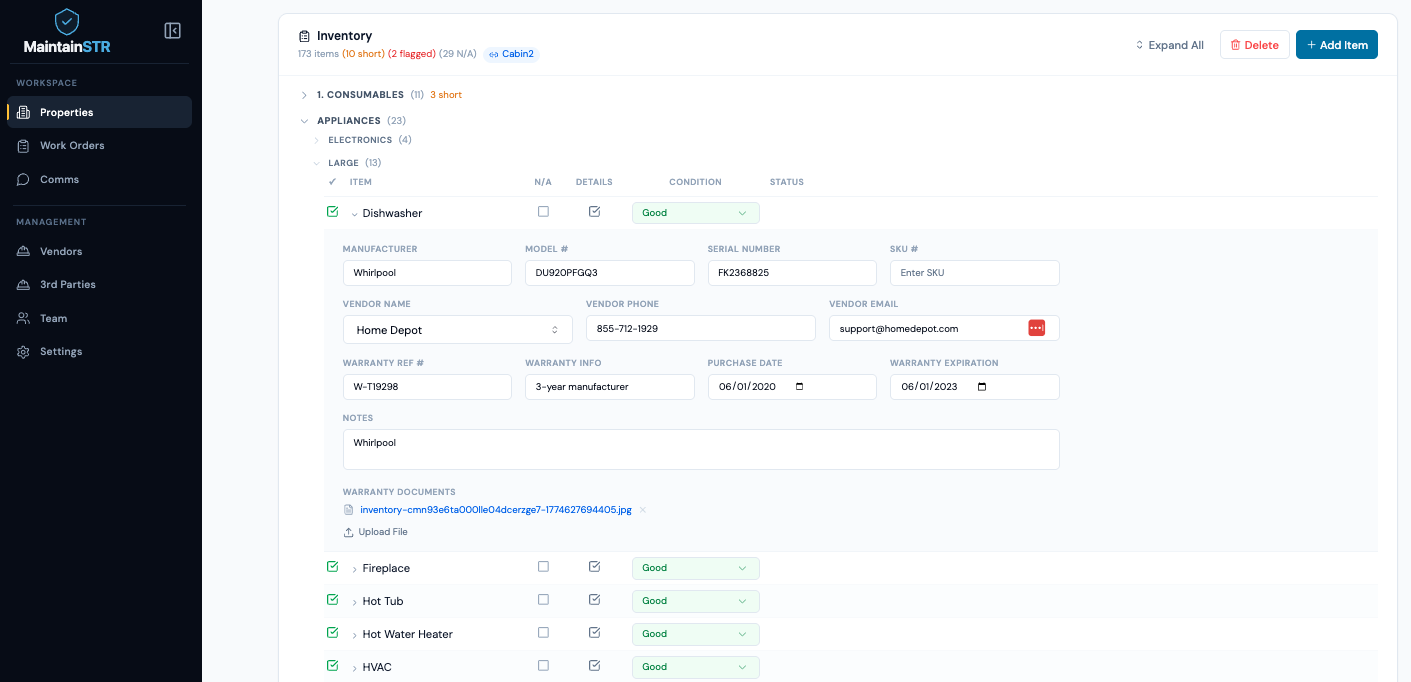 MaintainSTR inventory list with an expanded appliance record showing manufacturer, model, serial number, vendor, and warranty details